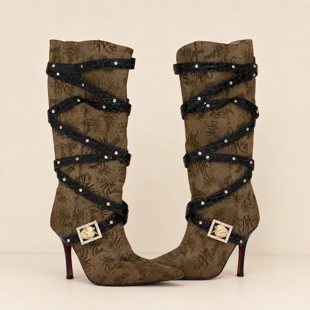 Apple Bottoms Mona B Boots Women’s 8 Brown Monogram Rhinestone Stiletto Y2K